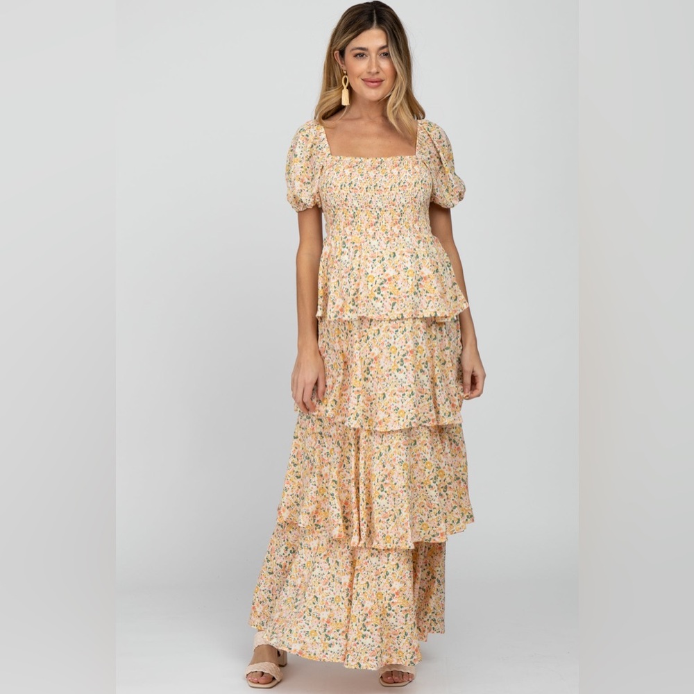 NWHT SOLD OUT PINKBLUSH Yellow Floral Square Neck Ruffle Layered Maternity Maxi - Picture 4 of 11